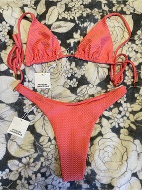 NWT Monday Swimwear Coral Pink Ribbed Thong and Triangle Top Bikini Set
